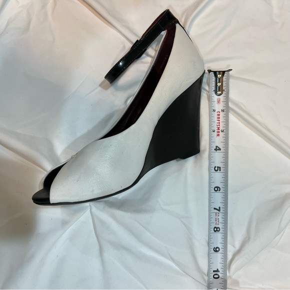 White Leather Black Ankle Strap Wedge Peep Toe Heels - Picture 7 of 7